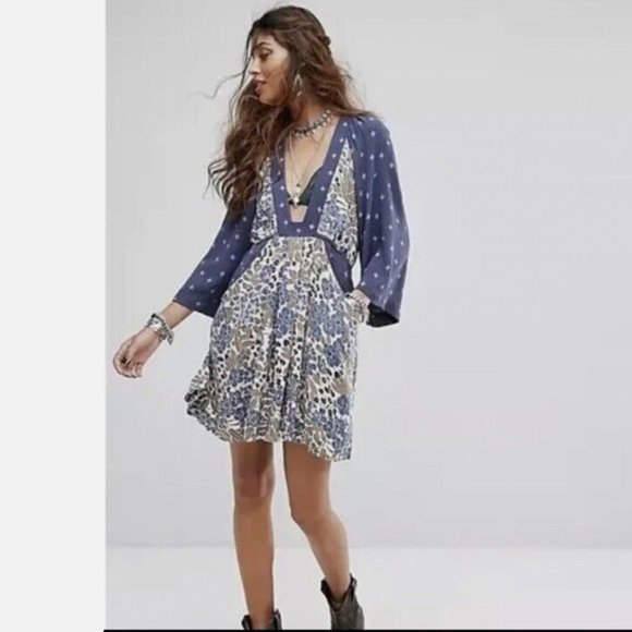 Free People Free People Mixed-Print Floral Mini Dress Size M Boho Beach Blue - Picture 12 of 12